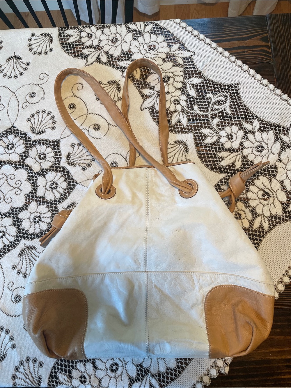 Cavalcanti Two-Tone Cream Tan  Sturdy Beautiful Knot Leather Tote Bag